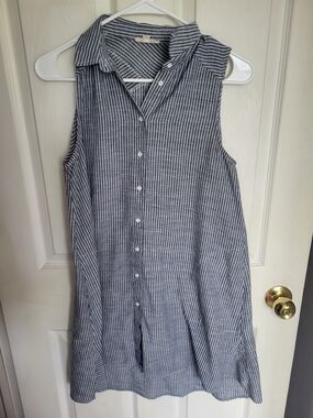 Jella C Grayish Navy and White Sleeveless Striped Button-Front Dress